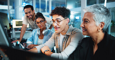 Buy stock photo Office, programmer and group with computer, review and brainstorming for algorithm, plan and website. Online, colleagues and people with technology for new code, talking and collaboration with system