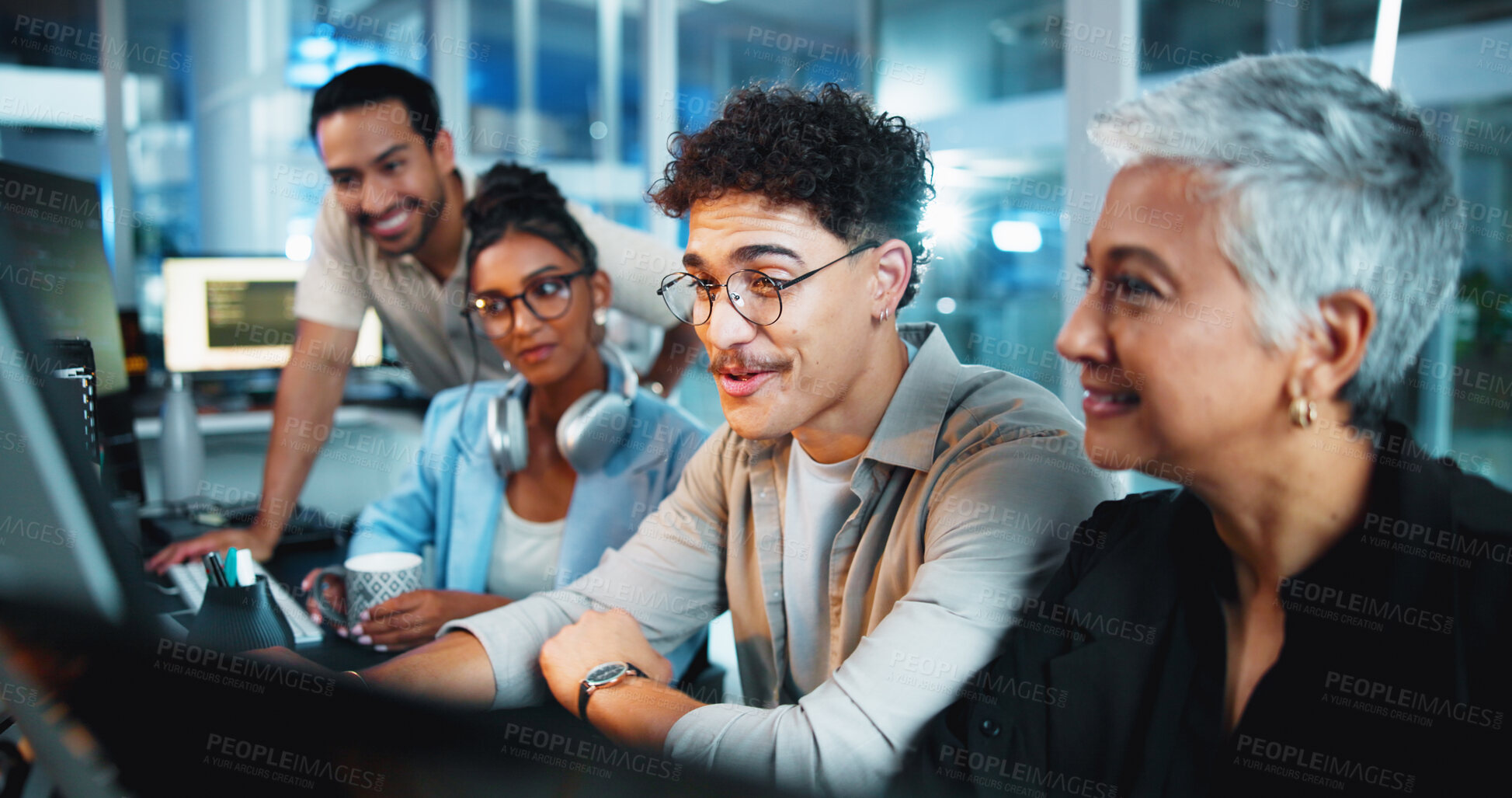 Buy stock photo Office, programmer and group with computer, review and brainstorming for algorithm, plan and website. Online, colleagues and people with technology for new code, talking and collaboration with system