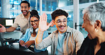 Office, business people and excited with high five for celebration, motivation and developer team. Night, collaboration and programmers with hand gesture for success, support or happiness for project