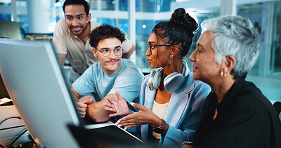Buy stock photo Online, programmer and group with computer, discussion and brainstorming for algorithm on website. Collaboration, colleagues and people with technology for new code, talking and planning with system