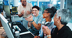 Office, computer and businesswoman with applause for success, motivation and coding team. Night, collaboration and programmer with achievement for programming goal, celebrate and excited for clapping