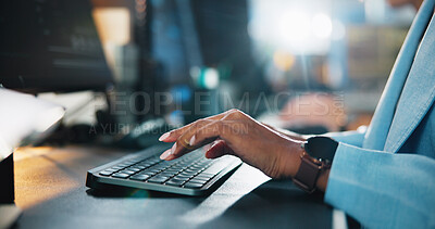 Buy stock photo Office, hands and typing with computer for web development, coding and research. Business career, night and programmer with keyboard for programming, software update or professional person in closeup