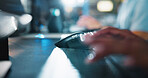 Hands, business and person with keyboard, mouse and typing with deadline for news report. Closeup, email and journalist with computer, research and search for website information, internet or network