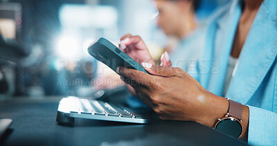 Buy stock photo Office, hands and scroll with smartphone for chat, digital conversation and connection for contact. Flare, business person and worker on break with mobile, app and social media for typing in closeup