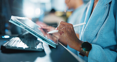 Buy stock photo Tablet, developer and pen with hands of person in office for game designer, coding app and ux update. Software development, graphics upgrade and level gameplay with closeup of employee in agency