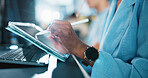 Tablet, designer and stylus with hands of person in office for game developer, coding app and ux update. Software development, graphics upgrade and level gameplay with closeup of employee in agency