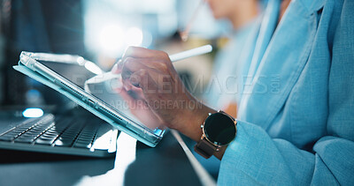 Buy stock photo Tablet, designer and stylus with hands of person in office for game developer, coding app and ux update. Software development, graphics upgrade and level gameplay with closeup of employee in agency