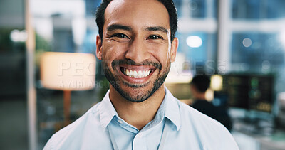 Buy stock photo Web developer, smile and portrait of man in office for software system or website update. Night, happy designer or male backend engineer with confidence for company development overtime in workplace