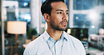 Office, businessman and programmer at night for thinking, planning and solution for web development. Late, male person and developer with ideas for backend update, thoughts and software system for IT