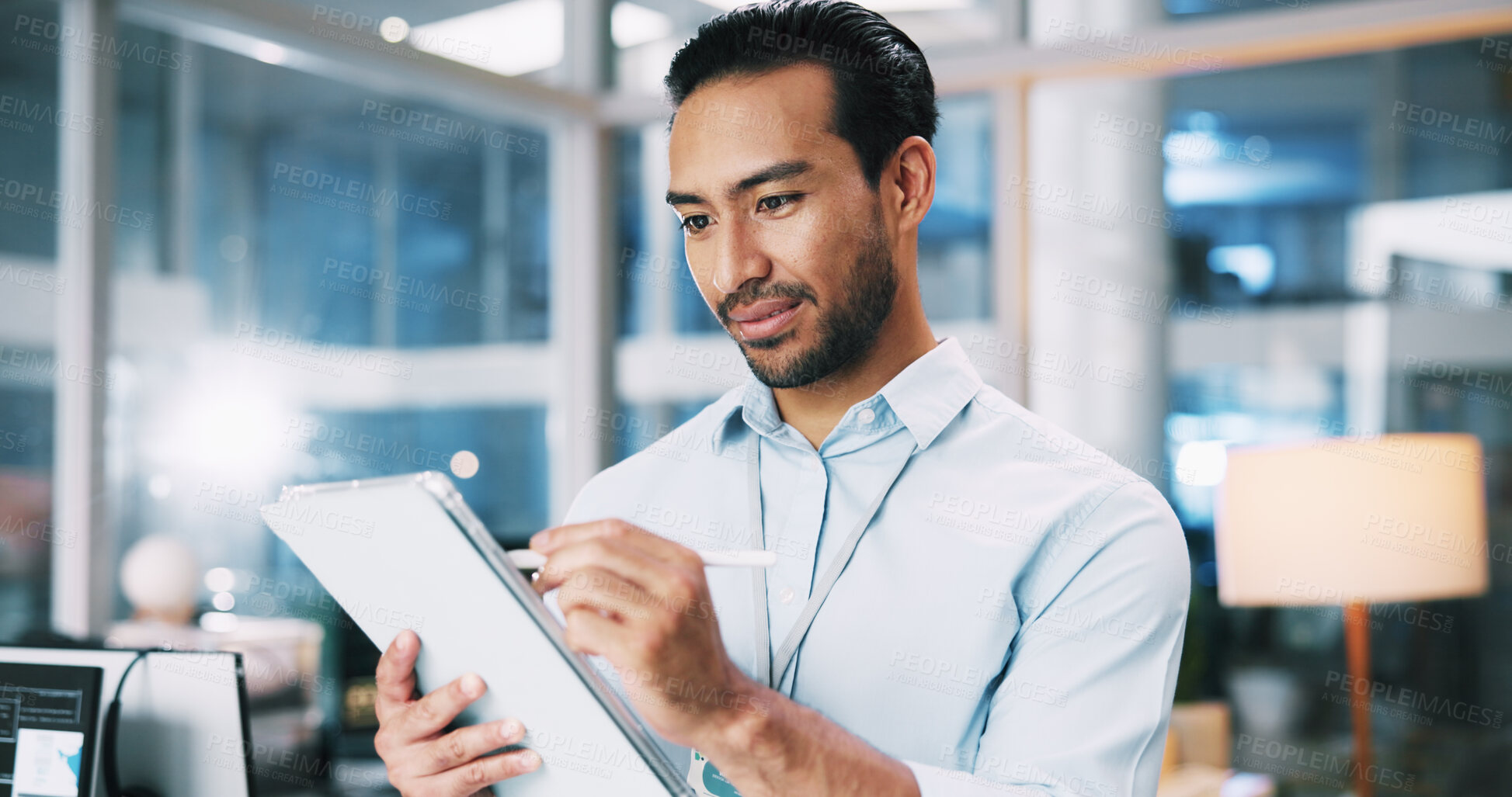 Buy stock photo Man, developer and writing on tablet in office of programming, software support and troubleshooting. Male person, digital and coding app for website development, testing server and system application