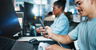 Buy stock photo Computer, businessman and programmer with mobile in office, coding software and download app. Coworking, male person and developer with smartphone for web analytics, seo update and typing on break