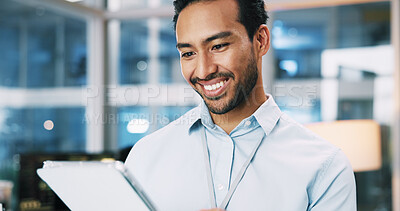 Buy stock photo Happy, man and developer with tablet in office for programming, software update and troubleshooting. Male person, digital and coding app for website development, testing server and system application