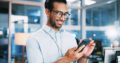 Buy stock photo Business, coding and man in workplace, smartphone and software developer with app testing. Person, research and professional with cellphone, AI expert and programmer with info tech and cyber security
