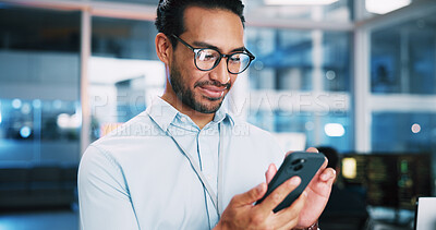 Buy stock photo Business, coding and man in office, smartphone and software developer with digital app testing. Person, employee and professional in workplace, cellphone and programmer with AI expert and info tech