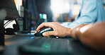 Computer, programmer and mouse with hands of person in office for game designer, coding app and ux update. Software development, graphics upgrade and level gameplay with closeup of employee in agency