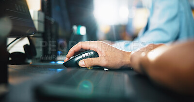 Buy stock photo Computer, programmer and mouse with hands of person in office for game designer, coding app and ux update. Software development, graphics upgrade and level gameplay with closeup of employee in agency