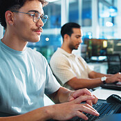 Business people, computer and men in office, programming and internet ...