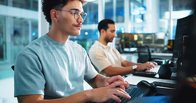Buy stock photo Business people, computer and men with programming, night and internet with software update. AI expert, coworking and employees with pc, evening and coding with specialist and research for database