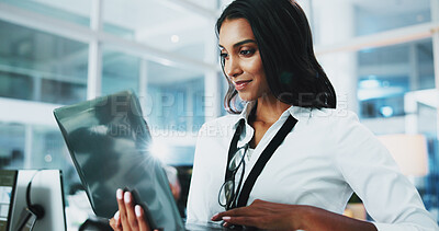 Buy stock photo Woman, developer and smile with laptop in office of programming, coding support and server update. Person, online app and IT for testing system, website application and troubleshooting at call centre