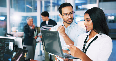 Buy stock photo People, developer and manager on laptop in office of programming, coding training and check server. Team, mentor and helping with app testing, IT intern and web application and troubleshooting system