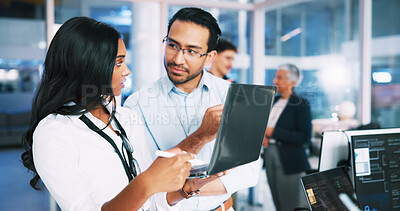 Buy stock photo People, developer and talk with laptop in office for programming, coding training and check server. Team, mentor and helping with app testing, IT intern and web application and troubleshooting system