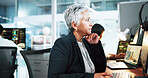 Stock market, woman and thinking with computer in office for data analysis, economy research or trading decision. Broker, mature person and review for client portfolio management or overtime at night