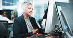 Business, computer screen and woman in workplace, programming and trading. People, employee and coder with website info, expert and specialist with cyber security, problem solving and software update