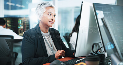 Buy stock photo Business, computer screen and woman with night, programming and problem solving. Mature person, employee and coder with coworking, expert or specialist with cyber security, evening or software update