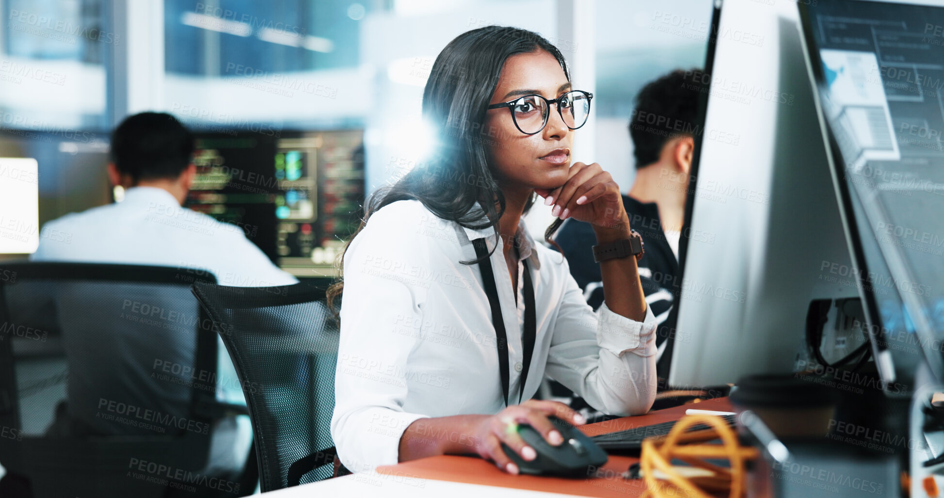 Buy stock photo Coding, woman and thinking with laptop in office for debugging solution, app development deadline and insight. Night, coder and technology for website troubleshooting, problem solving and system test