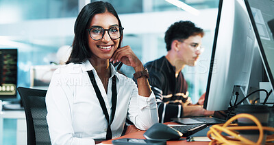 Buy stock photo Happy woman, portrait or programmer on computer with glasses at office for future development or cybersecurity. Female person, developer or coder with smile for programming or IT service at workplace