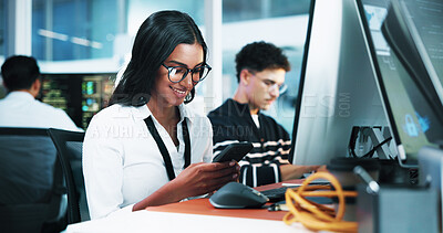 Buy stock photo Computer, programmer and woman with smartphone in office, coding software and download app. Coworking, female person and business developer with mobile for reading info, update and smile on break