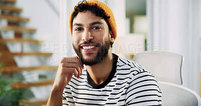 Buy stock photo Portrait, creative and happy business man in office with pride for career as social media marketer. Smile, startup and professional worker with confidence as audience engagement specialist in Mexico