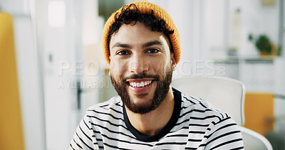 Buy stock photo Portrait, smile and business man in office with pride for career as social media marketer. Creative, startup and happy professional worker with confidence as audience engagement specialist in Mexico