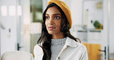 Buy stock photo Thinking, confident and woman in office, vision or daydreaming for career growth in creative agency. Proud, writer and person with inspiration for story, ambition or reflection for future in business
