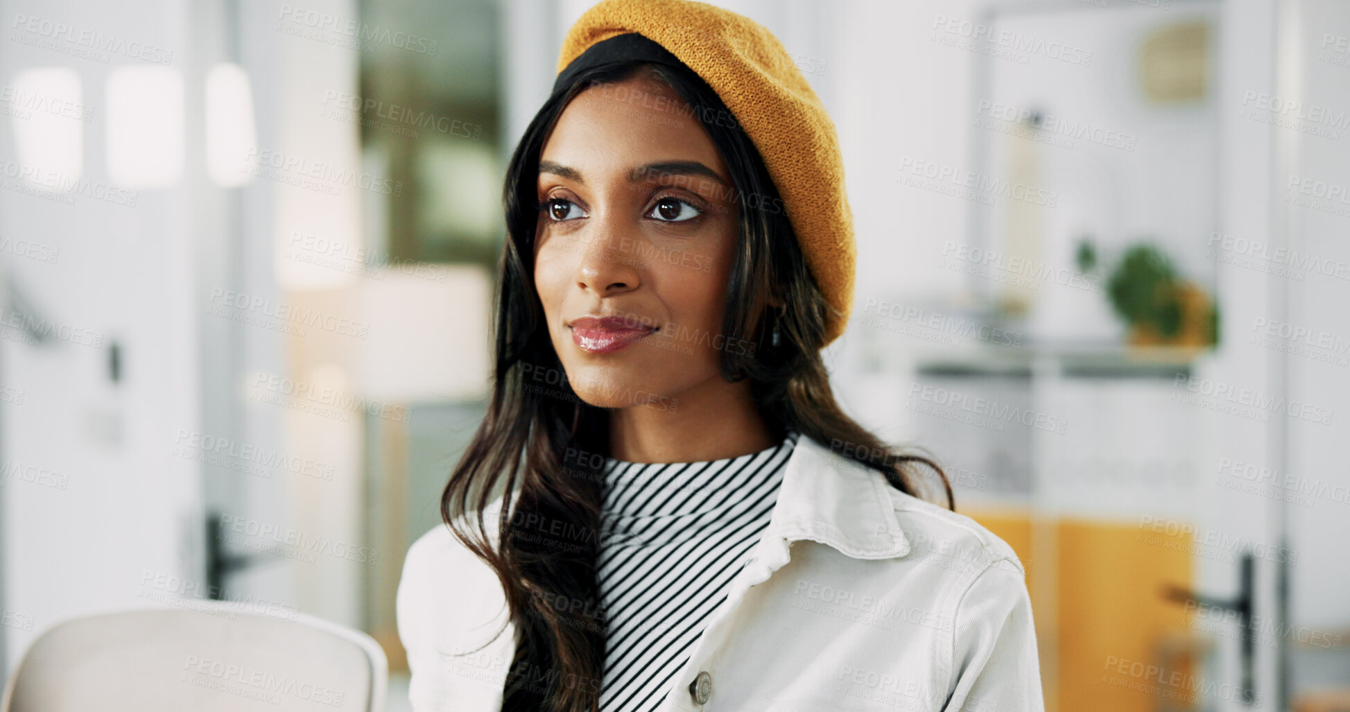 Buy stock photo Thinking, confident and woman in office, vision or daydreaming for career growth in creative agency. Proud, writer and person with inspiration for story, ambition or reflection for future in business