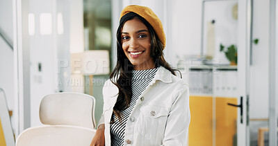 Buy stock photo Portrait, creative and happy businesswoman in office with pride for career as social media marketer. Smile, startup and professional worker with confidence as audience engagement specialist in India