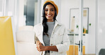 Portrait, smile and Indian business woman in office with pride for career as social media marketer. Creative, startup and happy professional worker with confidence as audience engagement specialist
