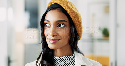 Thinking, ambition and woman in office, smile and daydreaming for career growth in creative agency. Confident, writer and person with inspiration for story, happy or reflection for future in business