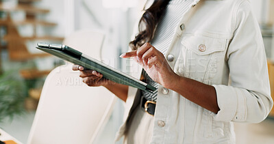 Buy stock photo Hands, woman and typing on tablet in office for research, schedule update and review newsletter. Female journalist, digital and editing article, story information and feedback of magazine publication