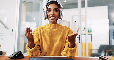Buy stock photo Woman, headset and video call at office with consulting, review or talk for tech support at IT startup. Person, portrait or voip headphones for virtual advisory services, POV or help desk in Colombia