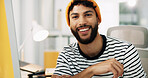 Creative, web designer and portrait of man in office for software, website update and user interface. Happy, professional and person on computer for online project, graphic design and internet