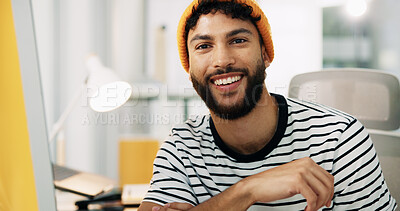 Buy stock photo Creative, web designer and portrait of man in office for software, website update and user interface. Happy, professional and person on computer for online project, graphic design and internet