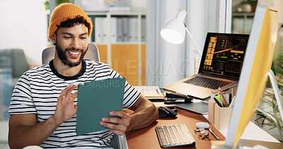 Buy stock photo Creative, man and happy with tablet in office for social media insights, campaign performance or data analysis. Marketing professional, employee or digital app for engagement metrics or online trends