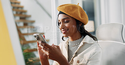 Buy stock photo Business woman, happy and typing with phone in office for browser testing, research industry trends or client chat. Web designer, person or internet for app performance, social network or online news