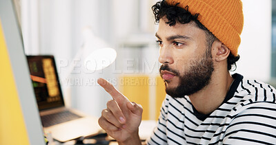 Buy stock photo Creative, web designer and man on computer pointing for software, website update and user interface. Digital, professional and person on pc for online project, graphic design and internet in office