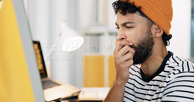 Buy stock photo Bored, man and yawn with computer in office for exhaustion, burnout and article deadline. Male journalist, fatigue and tired with online for research, reading story and overworked for publication