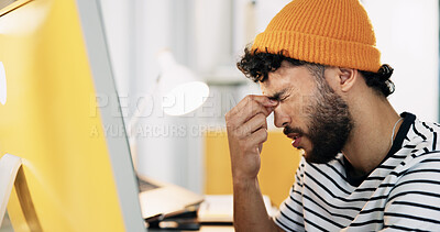 Buy stock photo Creative, computer and man with headache in office for bad client feedback, internet glitch and burnout. Web designer, person and tension migraine for website testing crisis, overwhelmed and stress