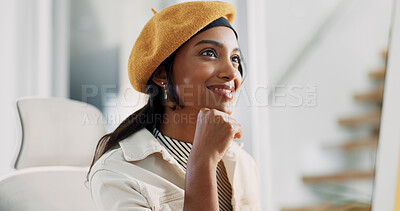 Buy stock photo Thinking, confident and woman in office, smile and daydreaming for career growth in creative agency. Happy, writer and person with inspiration for story, ambition or reflection for future in business