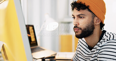 Buy stock photo Online, computer and planning with business man in office for graphic designer, digital media project and research. Website branding, content review and report with person in startup for publication