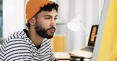 Buy stock photo Startup, web designer and man on computer in office for software, website update or user interface. Creative agency, professional and person on pc for online project, graphic design and internet